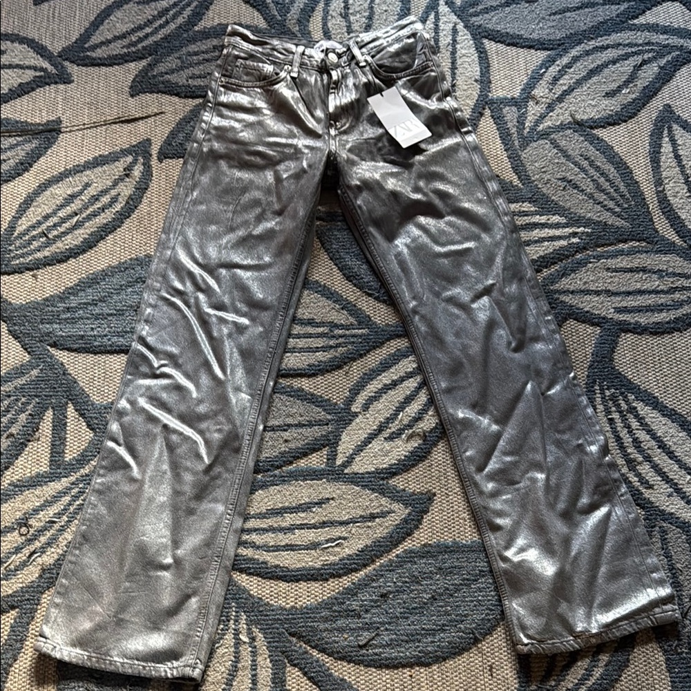 NWT Zara Silver Metallic wide leg Jeans size 0 - Picture 4 of 8